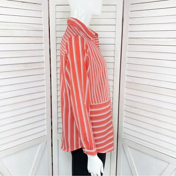 Charter Club Multi Stripe Pattern Block Button Front Blouse Coral White SP - Picture 3 of 11